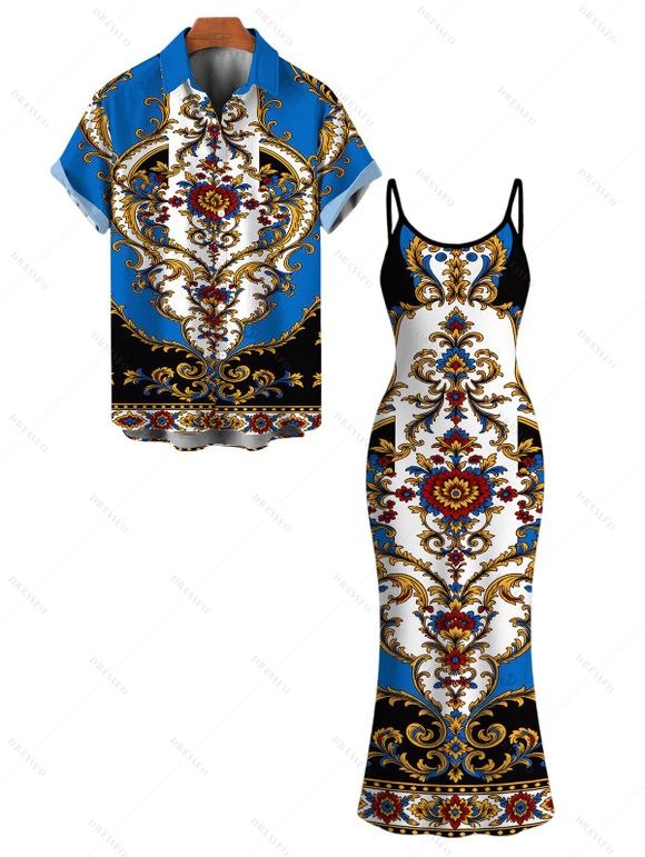 Vacation Couple Outfit Vintage Baroque Floral Print Spaghetti Strap Maxi Bodycon Dress and Shirt Set - multicolor A S | US 4