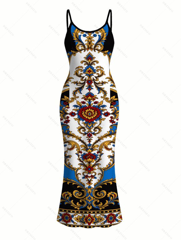 Vacation Couple Outfit Vintage Baroque Floral Print Spaghetti Strap Maxi Bodycon Dress and Shirt Set - multicolor A S | US 4