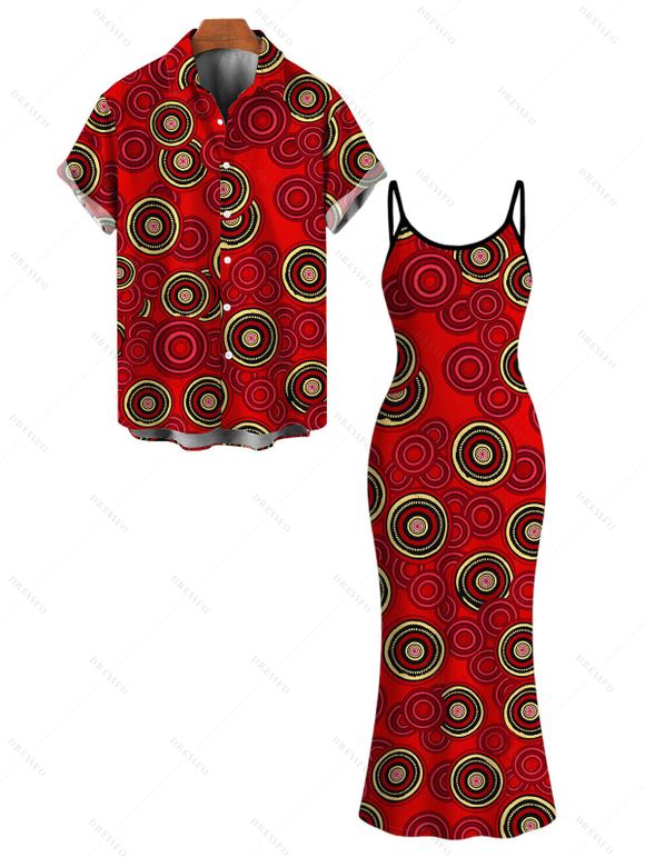 Vintage Couple Outfit Geometric Concentric Circle Print Spaghetti Strap Maxi Bodycon Dress and Shirt Set - Rouge Cerise S | US 4