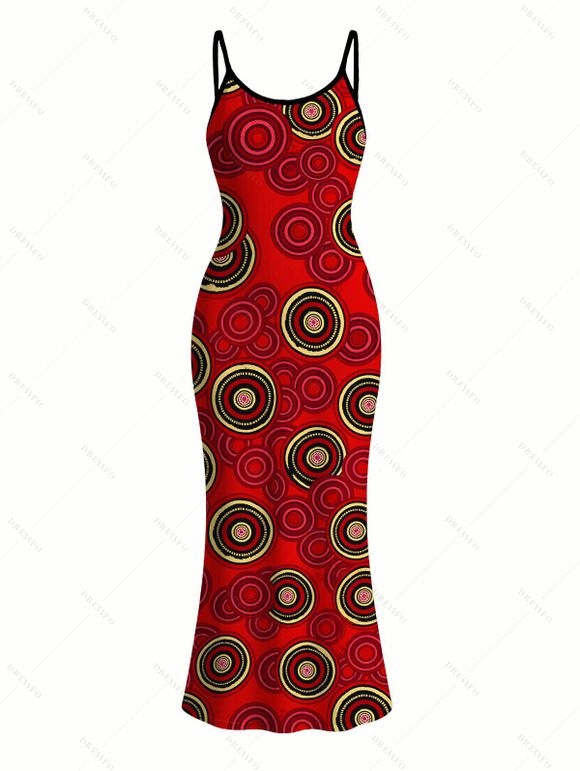 Vintage Couple Outfit Geometric Concentric Circle Print Spaghetti Strap Maxi Bodycon Dress and Shirt Set - Rouge Cerise S | US 4