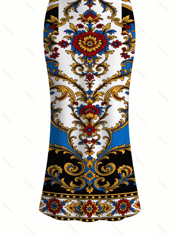 Vacation Couple Outfit Vintage Baroque Floral Print Spaghetti Strap Maxi Bodycon Dress and Shirt Set - multicolor A S | US 4