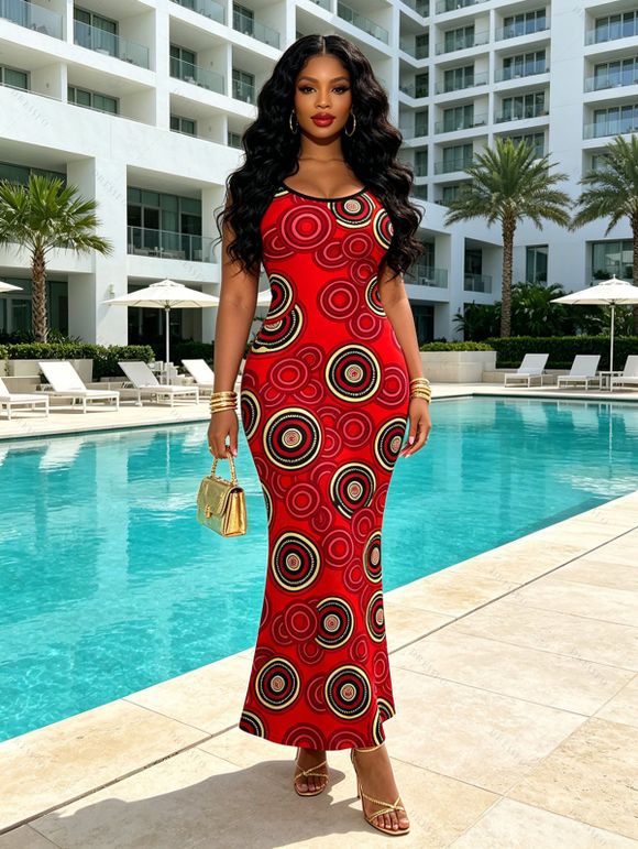 Vintage Couple Outfit Geometric Concentric Circle Print Spaghetti Strap Maxi Bodycon Dress and Shirt Set - Rouge Cerise S | US 4