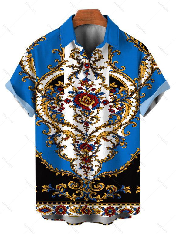 Vacation Couple Outfit Vintage Baroque Floral Print Spaghetti Strap Maxi Bodycon Dress and Shirt Set - multicolor A S | US 4