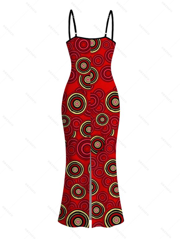 Vintage Couple Outfit Geometric Concentric Circle Print Spaghetti Strap Maxi Bodycon Dress and Shirt Set - Rouge Cerise S | US 4