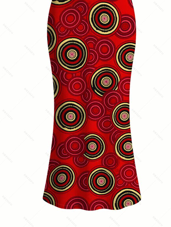 Vintage Couple Outfit Geometric Concentric Circle Print Spaghetti Strap Maxi Bodycon Dress and Shirt Set - Rouge Cerise S | US 4