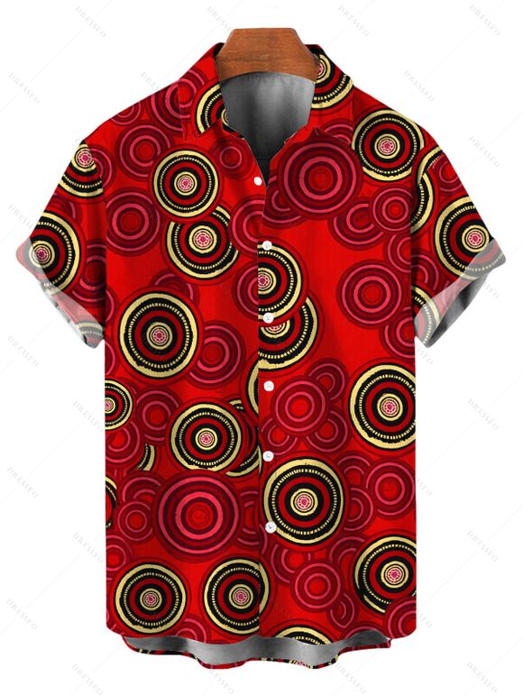 Vintage Couple Outfit Geometric Concentric Circle Print Spaghetti Strap Maxi Bodycon Dress and Shirt Set - Rouge Cerise S | US 4