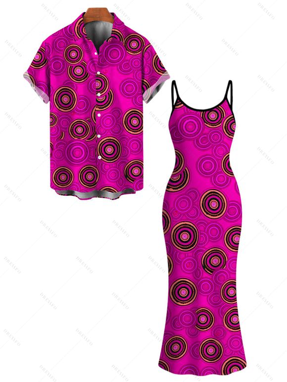 Vintage Couple Outfit Geometric Concentric Circle Print Spaghetti Strap Maxi Bodycon Dress and Shirt Set - Rouge Rose S | US 4