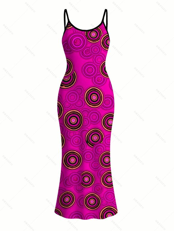 Vintage Couple Outfit Geometric Concentric Circle Print Spaghetti Strap Maxi Bodycon Dress and Shirt Set - Rouge Rose S | US 4
