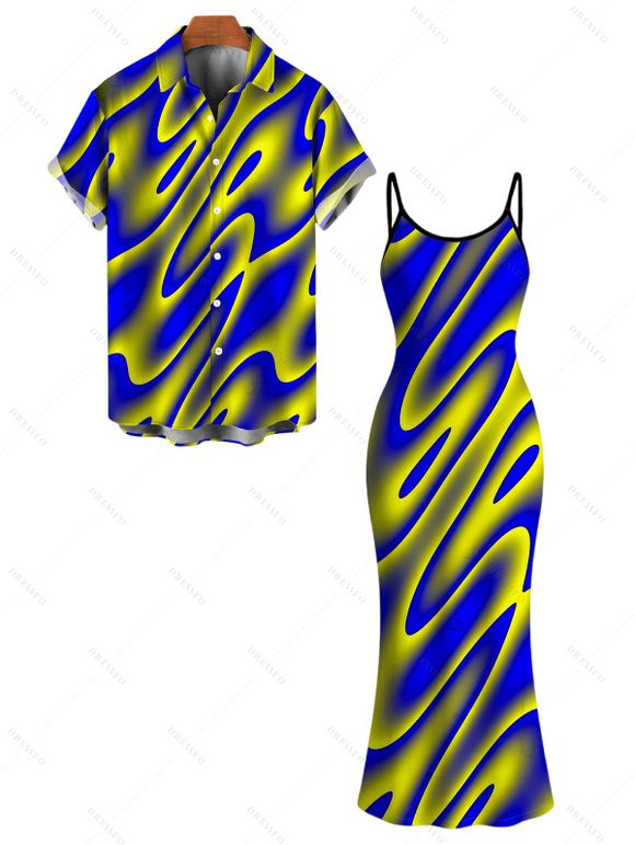Vacation Couple Outfit Clorblock Abstract Fluid Swirl Print Spaghetti Strap Bodycon Maxi Dress and Shirt Set - multicolor A S | US 4