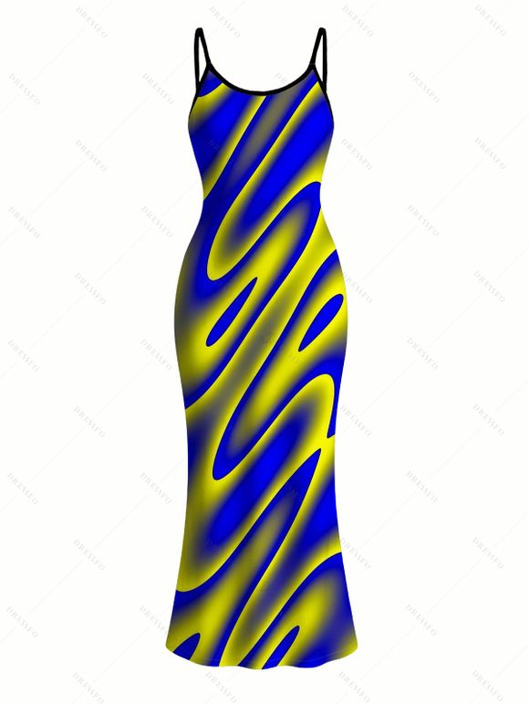 Vacation Couple Outfit Clorblock Abstract Fluid Swirl Print Spaghetti Strap Bodycon Maxi Dress and Shirt Set - multicolor A S | US 4