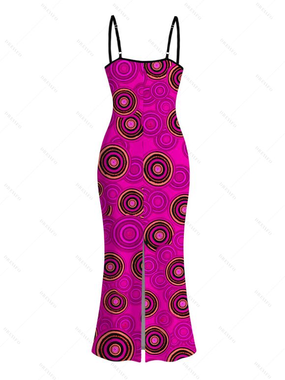 Vintage Couple Outfit Geometric Concentric Circle Print Spaghetti Strap Maxi Bodycon Dress and Shirt Set - Rouge Rose S | US 4