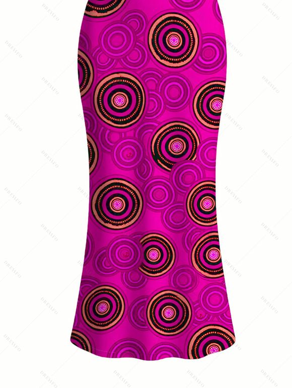 Vintage Couple Outfit Geometric Concentric Circle Print Spaghetti Strap Maxi Bodycon Dress and Shirt Set - Rouge Rose S | US 4