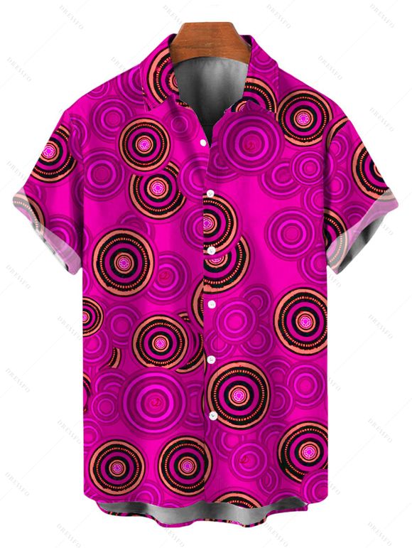 Vintage Couple Outfit Geometric Concentric Circle Print Spaghetti Strap Maxi Bodycon Dress and Shirt Set - Rouge Rose S | US 4
