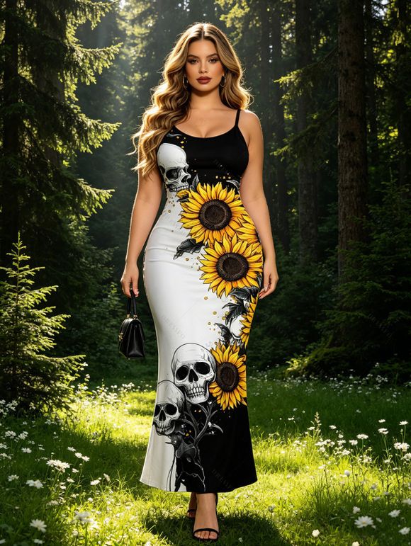 Vacation Gothic Couple Outfit Contrast Color Sunflower Skulls Pattern Spaghetti Strap Bodycon Maxi Dress and Shirt Set - Noir S | US 4