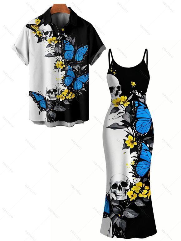 Vacation Gothic Couple Outfit Contrast Color Butterfly Floral Skulls Pattern Spaghetti Strap Bodycon Maxi Dress and Shirt Set - Bleu S | US 4