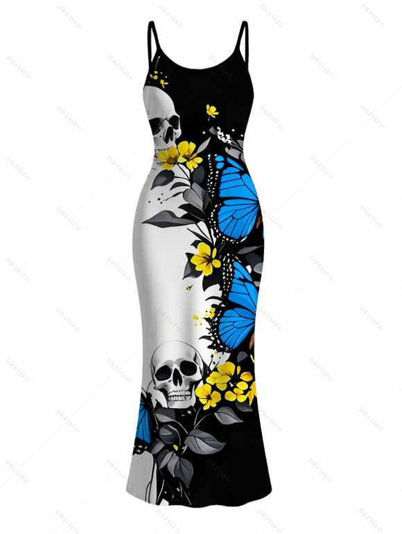 Vacation Gothic Couple Outfit Contrast Color Butterfly Floral Skulls Pattern Spaghetti Strap Bodycon Maxi Dress and Shirt Set - Bleu S | US 4