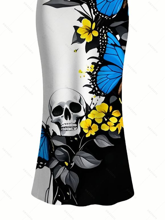 Vacation Gothic Couple Outfit Contrast Color Butterfly Floral Skulls Pattern Spaghetti Strap Bodycon Maxi Dress and Shirt Set - Bleu S | US 4