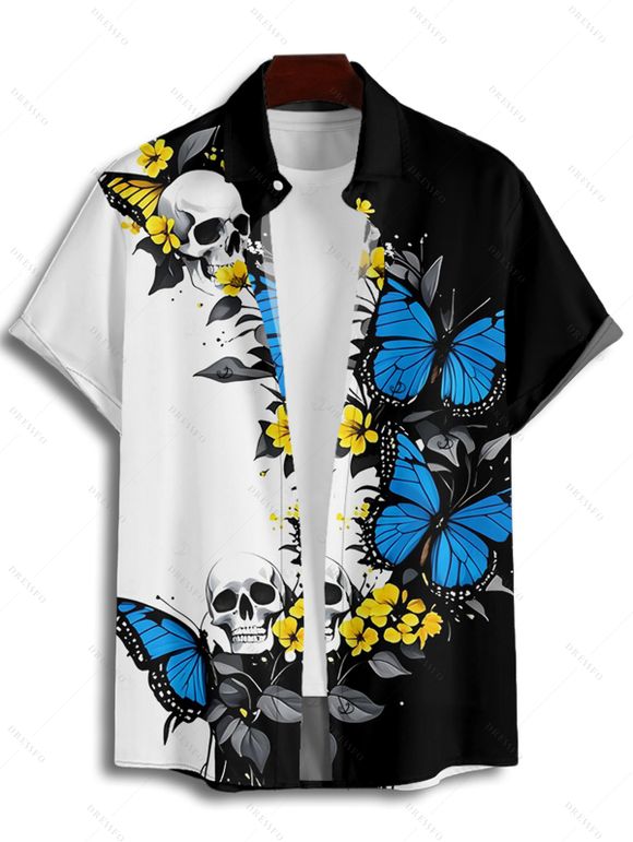 Vacation Gothic Couple Outfit Contrast Color Butterfly Floral Skulls Pattern Spaghetti Strap Bodycon Maxi Dress and Shirt Set - Bleu S | US 4