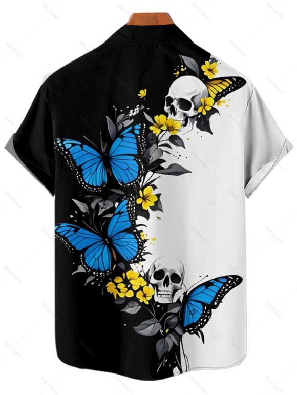 Vacation Gothic Couple Outfit Contrast Color Butterfly Floral Skulls Pattern Spaghetti Strap Bodycon Maxi Dress and Shirt Set - Bleu S | US 4