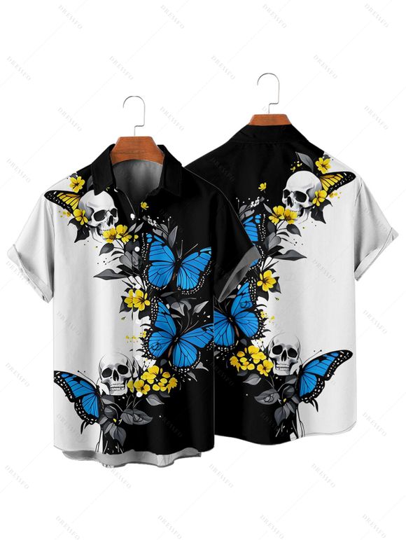 Vacation Gothic Couple Outfit Contrast Color Butterfly Floral Skulls Pattern Spaghetti Strap Bodycon Maxi Dress and Shirt Set - Bleu S | US 4