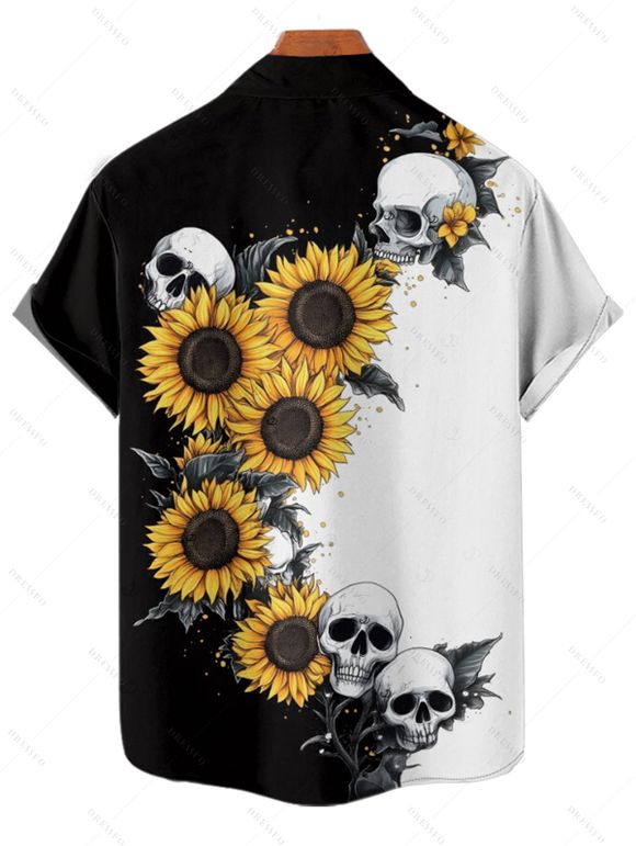 Vacation Gothic Couple Outfit Contrast Color Sunflower Skulls Pattern Spaghetti Strap Bodycon Maxi Dress and Shirt Set - Noir S | US 4
