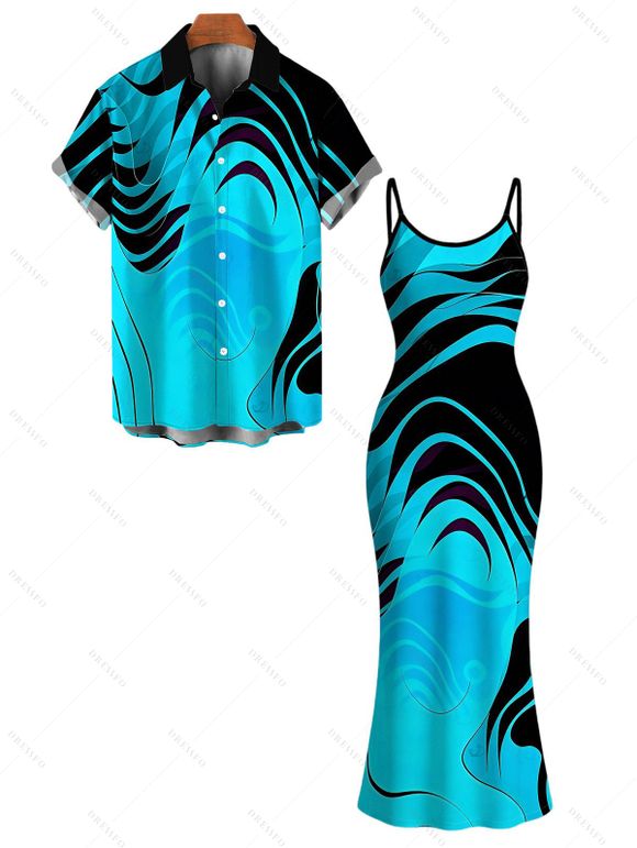 Vacation Couple Outfit Neon Contrast Color Liquid Flow Wave Print Spaghetti Strap Bodycon Maxi Dress and Shirt Set - Bleu Toile de Jean S | US 4