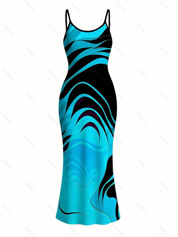 Vacation Couple Outfit Neon Contrast Color Liquid Flow Wave Print Spaghetti Strap Bodycon Maxi Dress and Shirt Set - Bleu Toile de Jean S | US 4