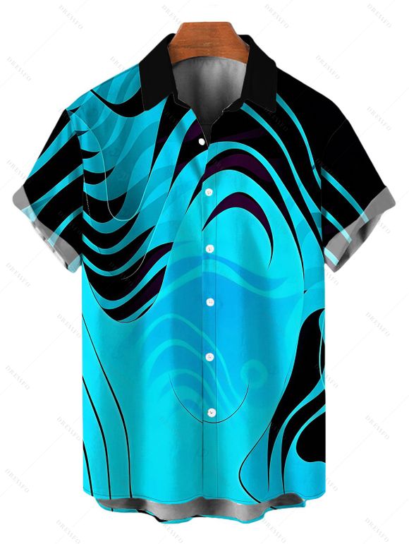 Vacation Couple Outfit Neon Contrast Color Liquid Flow Wave Print Spaghetti Strap Bodycon Maxi Dress and Shirt Set - Bleu Toile de Jean S | US 4
