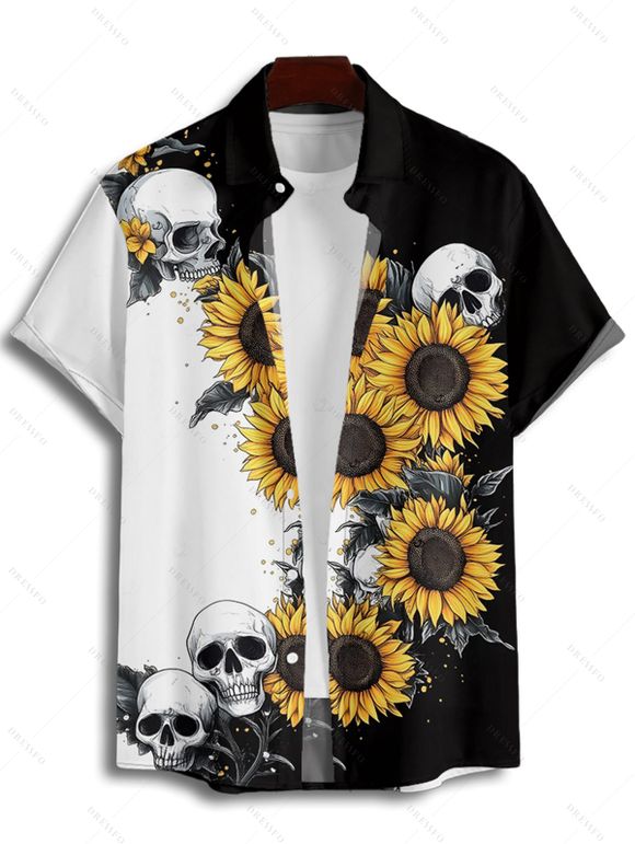 Vacation Gothic Couple Outfit Contrast Color Sunflower Skulls Pattern Spaghetti Strap Bodycon Maxi Dress and Shirt Set - Noir S | US 4