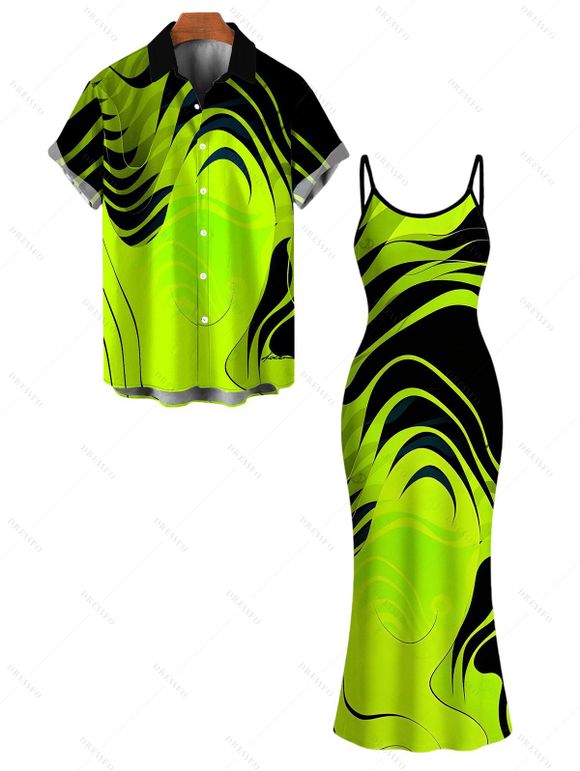 Vacation Couple Outfit Neon Contrast Color Liquid Flow Wave Print Spaghetti Strap Bodycon Maxi Dress and Shirt Set - Vert Jaune S | US 4