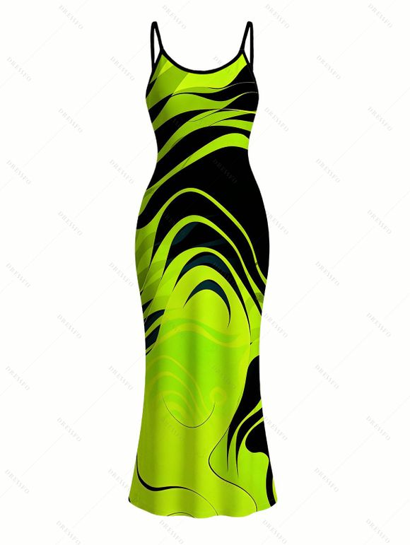 Vacation Couple Outfit Neon Contrast Color Liquid Flow Wave Print Spaghetti Strap Bodycon Maxi Dress and Shirt Set - Vert Jaune S | US 4
