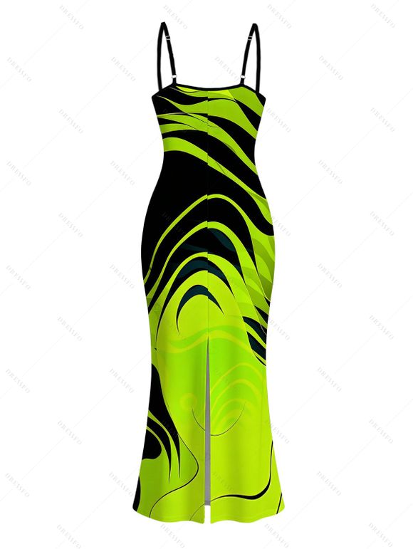Vacation Couple Outfit Neon Contrast Color Liquid Flow Wave Print Spaghetti Strap Bodycon Maxi Dress and Shirt Set - Vert Jaune S | US 4