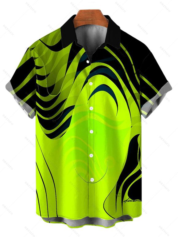 Vacation Couple Outfit Neon Contrast Color Liquid Flow Wave Print Spaghetti Strap Bodycon Maxi Dress and Shirt Set - Vert Jaune S | US 4