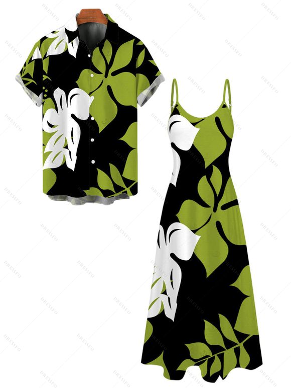 Hawaiian Vacation Couple Outfit Bicolor Hibiscus Floral Print Pocket Spaghetti Strap Dress and Shirt Set - Vert S | US 4