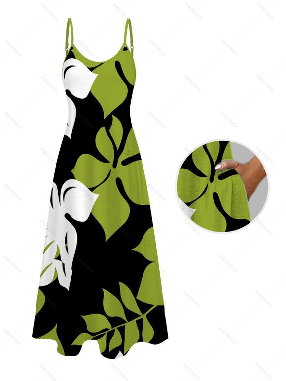 Hawaiian Vacation Couple Outfit Bicolor Hibiscus Floral Print Pocket Spaghetti Strap Dress and Shirt Set - Vert S | US 4