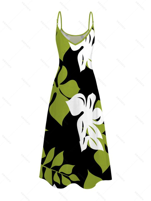 Hawaiian Vacation Couple Outfit Bicolor Hibiscus Floral Print Pocket Spaghetti Strap Dress and Shirt Set - Vert S | US 4