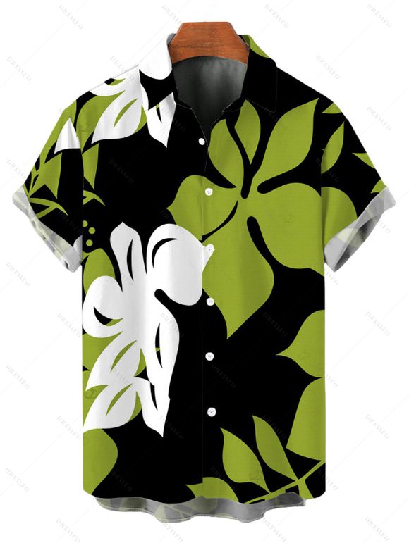 Hawaiian Vacation Couple Outfit Bicolor Hibiscus Floral Print Pocket Spaghetti Strap Dress and Shirt Set - Vert S | US 4