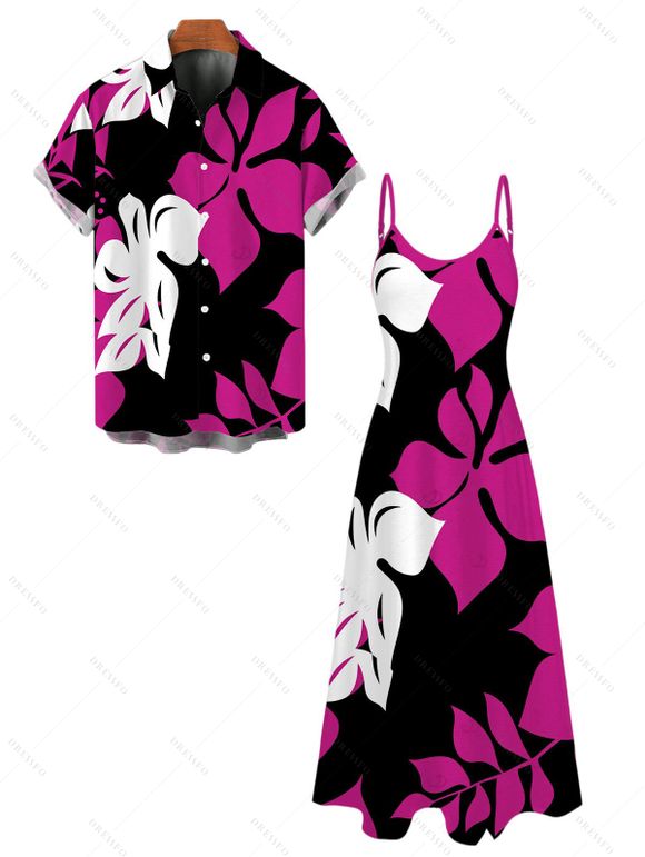 Hawaiian Vacation Couple Outfit Bicolor Hibiscus Floral Print Pocket Spaghetti Strap Dress and Shirt Set - Rose Vif S | US 4