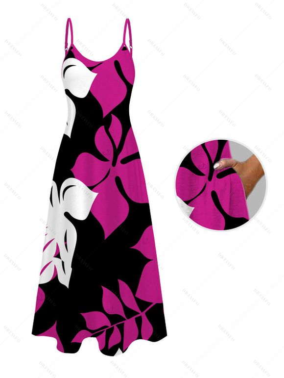 Hawaiian Vacation Couple Outfit Bicolor Hibiscus Floral Print Pocket Spaghetti Strap Dress and Shirt Set - Rose Vif S | US 4