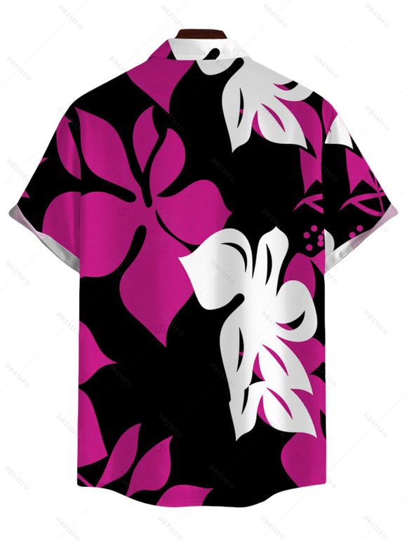 Hawaiian Vacation Couple Outfit Bicolor Hibiscus Floral Print Pocket Spaghetti Strap Dress and Shirt Set - Rose Vif S | US 4