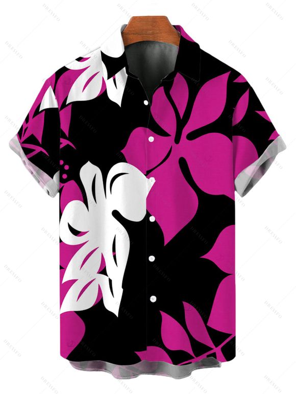 Hawaiian Vacation Couple Outfit Bicolor Hibiscus Floral Print Pocket Spaghetti Strap Dress and Shirt Set - Rose Vif S | US 4