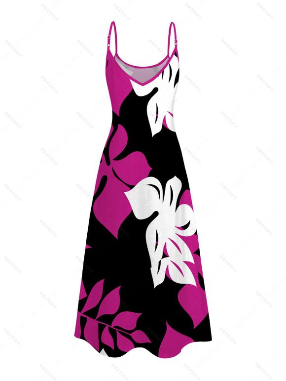 Hawaiian Vacation Dress Bicolor Hibiscus Floral Print Pocket Spaghetti Strap Dress - Rose Vif XXXXXL | US 20