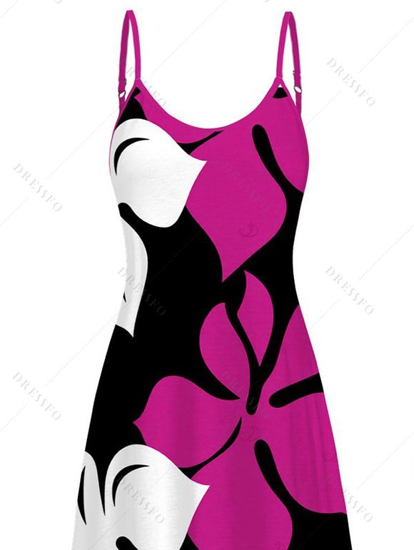 Hawaiian Vacation Dress Bicolor Hibiscus Floral Print Pocket Spaghetti Strap Dress - Rose Vif XXXXXL | US 20