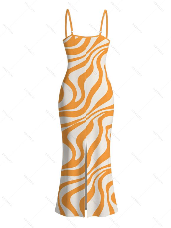 Vacation Couple Outfit Swirl Abstract Wave Print Bodycon Mermaid Maxi Dress and Shirt Set - ORANGE S | US 4