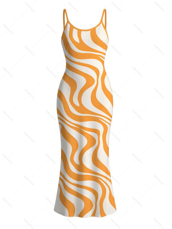 Vacation Couple Outfit Swirl Abstract Wave Print Bodycon Mermaid Maxi Dress and Shirt Set - ORANGE S | US 4