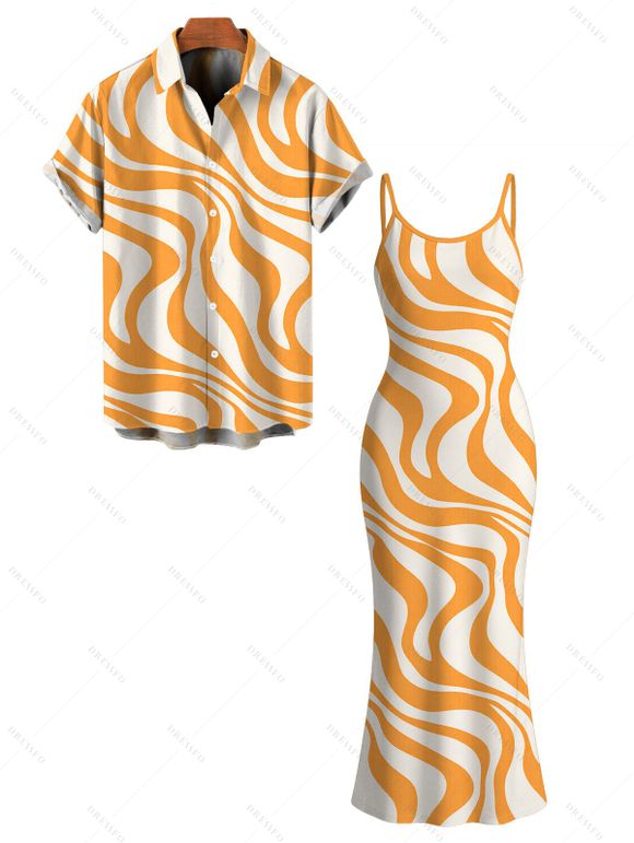 Vacation Couple Outfit Swirl Abstract Wave Print Bodycon Mermaid Maxi Dress and Shirt Set - ORANGE S | US 4