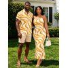Vacation Couple Outfit Swirl Abstract Wave Print Bodycon Mermaid Maxi Dress and Shirt Set - ORANGE S | US 4