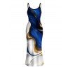 Vacation Dress Gold Fluid Abstract Marble Print Spaghetti Strap Maxi Bodycon Dress - Bleu Marine S | US 4