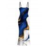 Vacation Dress Gold Fluid Abstract Marble Print Spaghetti Strap Maxi Bodycon Dress - Bleu Marine S | US 4