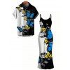 Vacation Gothic Couple Outfit Contrast Color Butterfly Floral Skulls Pattern Spaghetti Strap Bodycon Maxi Dress and Shirt Set - Bleu S | US 4
